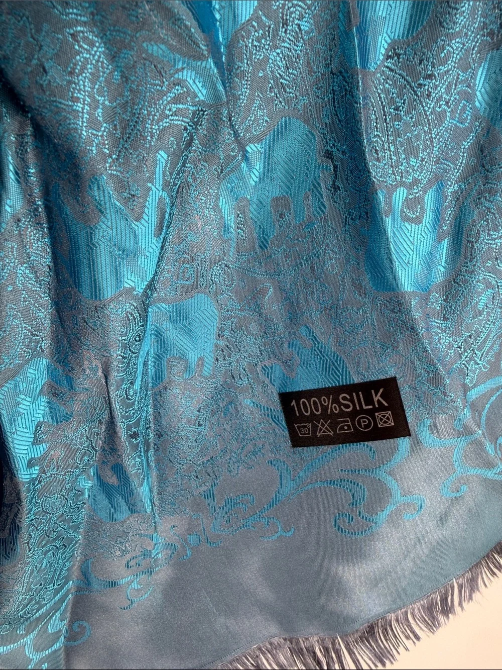 100% Silk Elephant Paisley Jacquard Scarf Shawl Teal Blue Fringe